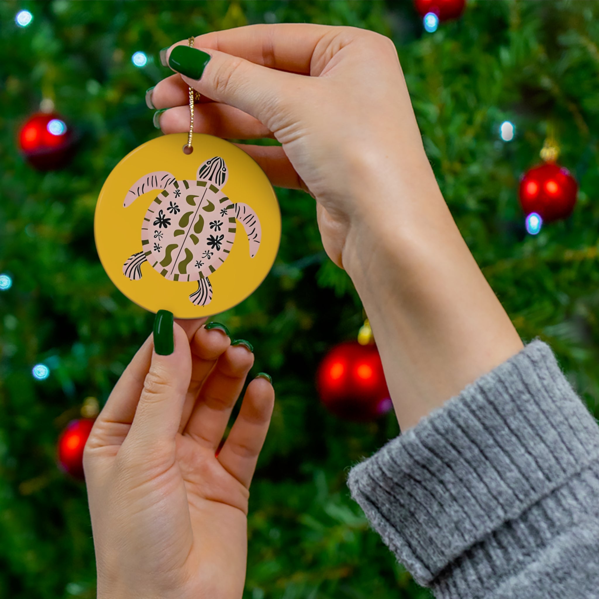 Ceramic Ornament: Pink Turtle Christmas