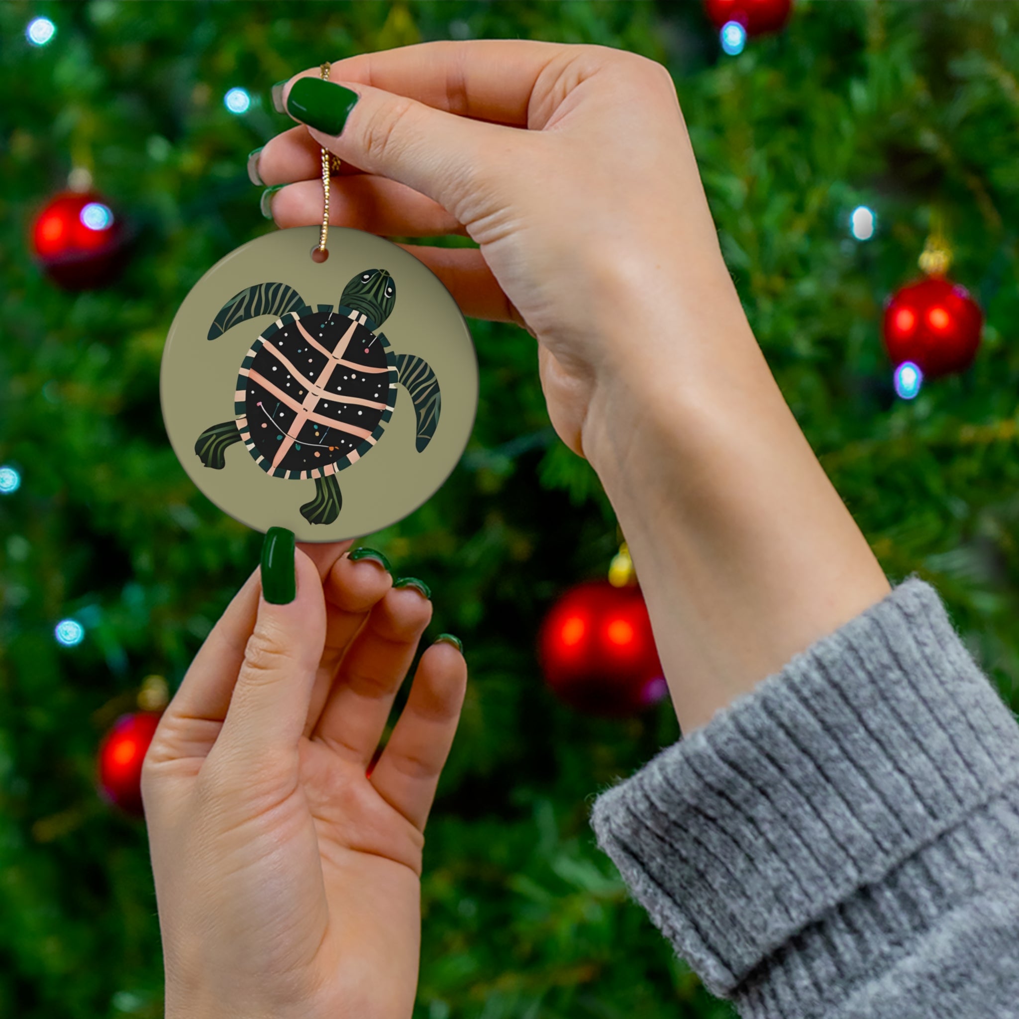 Ceramic Ornament: Pink & Green Turtle Christmas, light olive