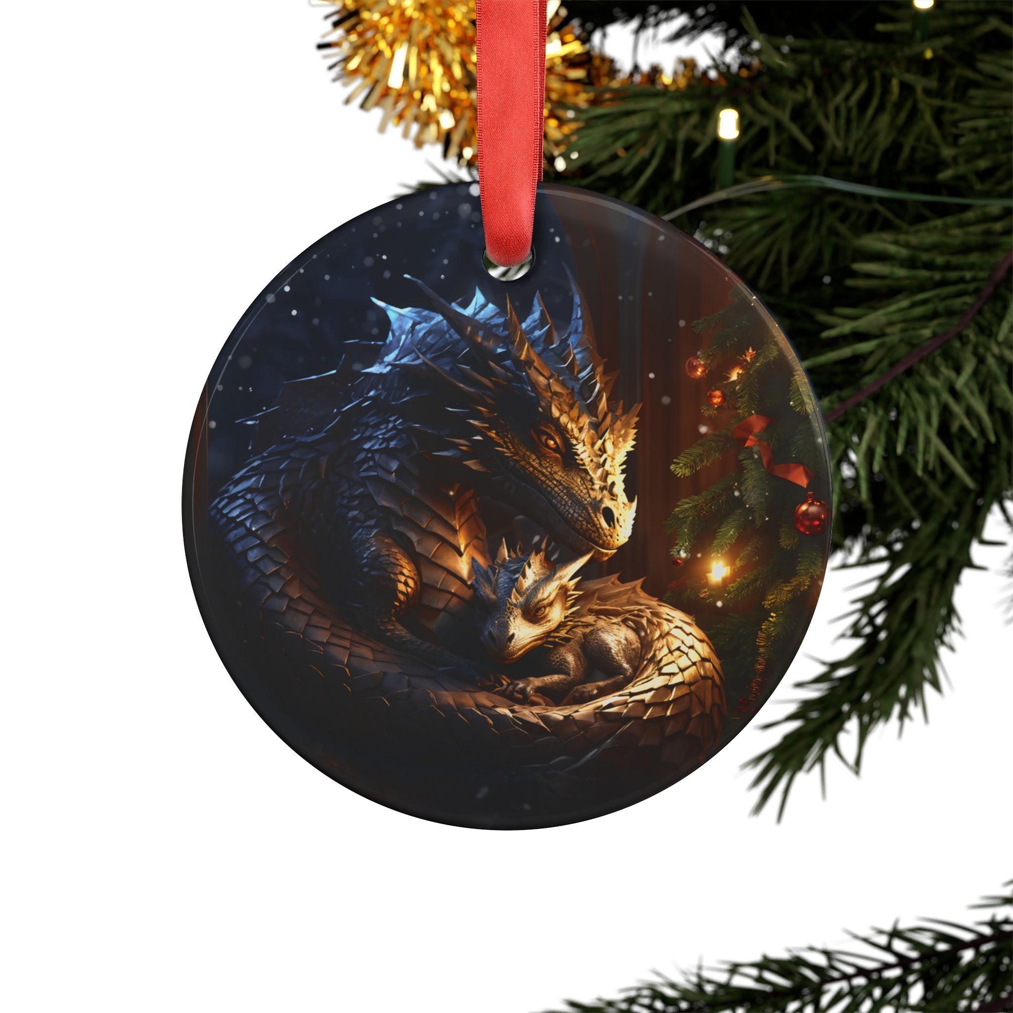 Mother and Baby Dragon by the tree - Acrylic Circle Ornament, (1pc), gold and brown