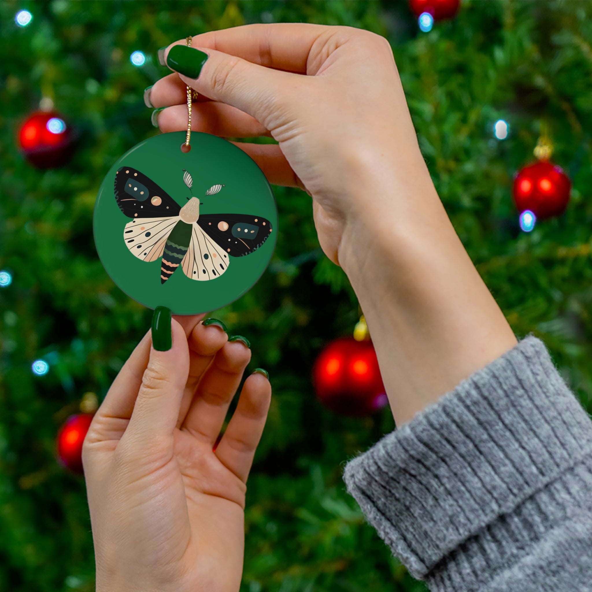 Ceramic Ornament: Christmas Moth, Green