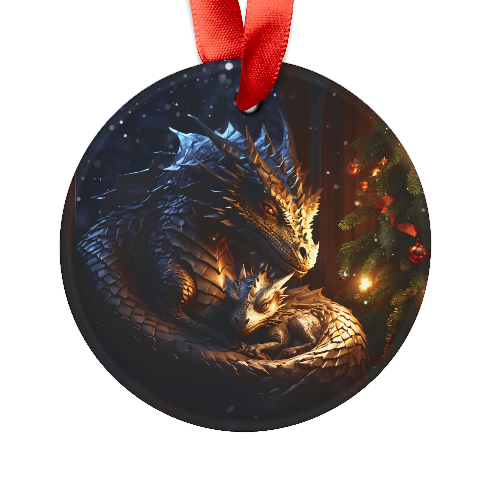 Mother and Baby Dragon by the tree - Acrylic Circle Ornament, (1pc), gold and brown