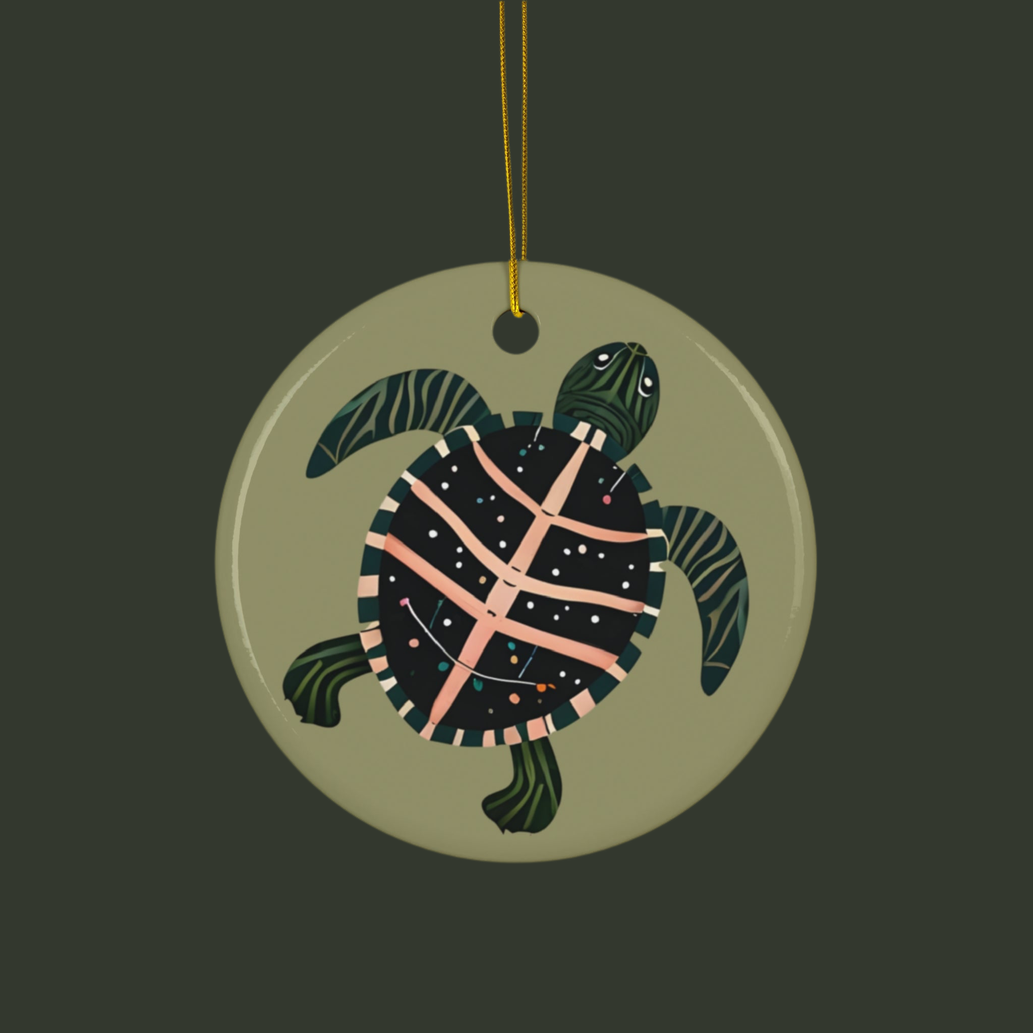 Ceramic Ornament: Pink & Green Turtle Christmas, light olive