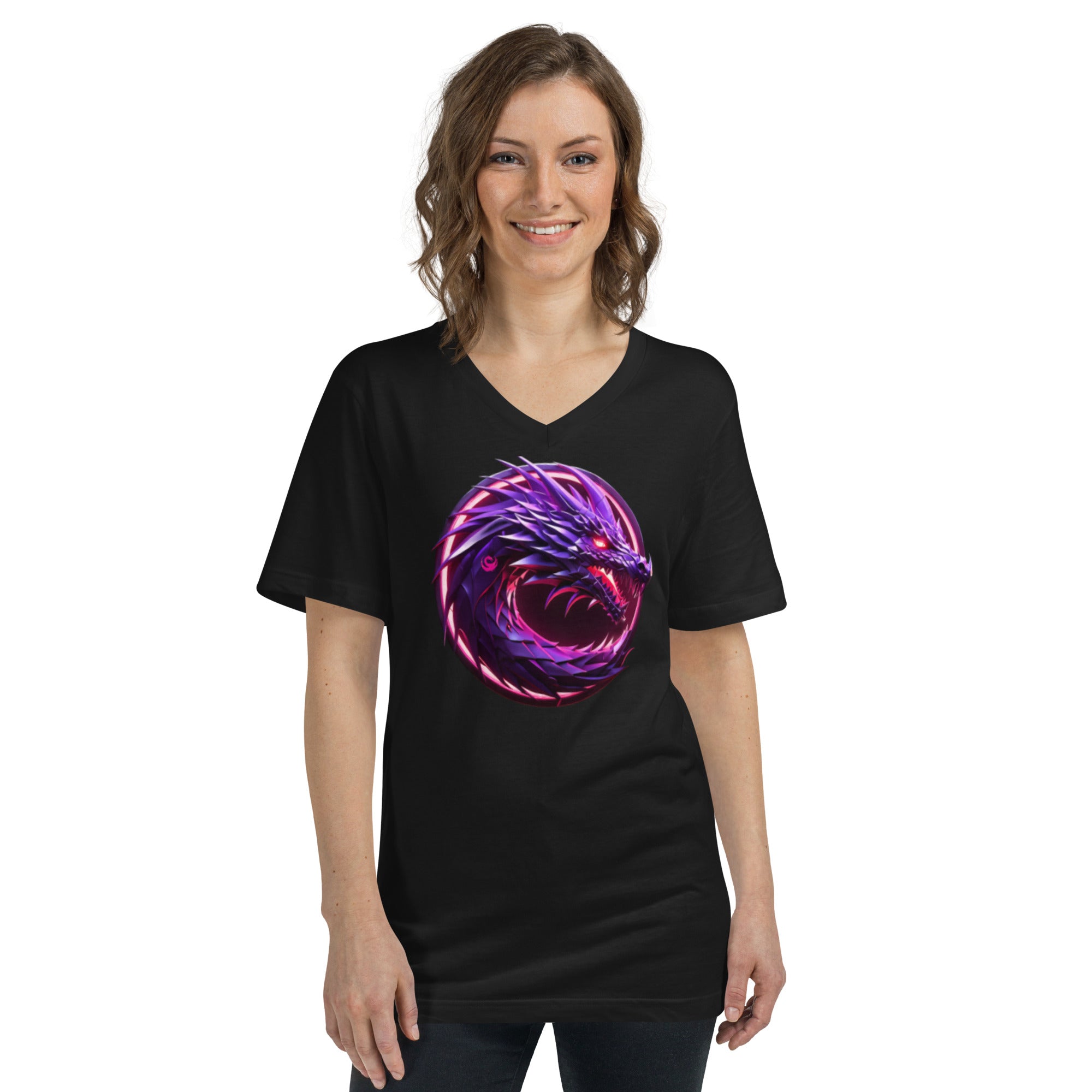 100% Cotton Electric Purple Dragon Women's Short Sleeve V-Neck T-Shirt