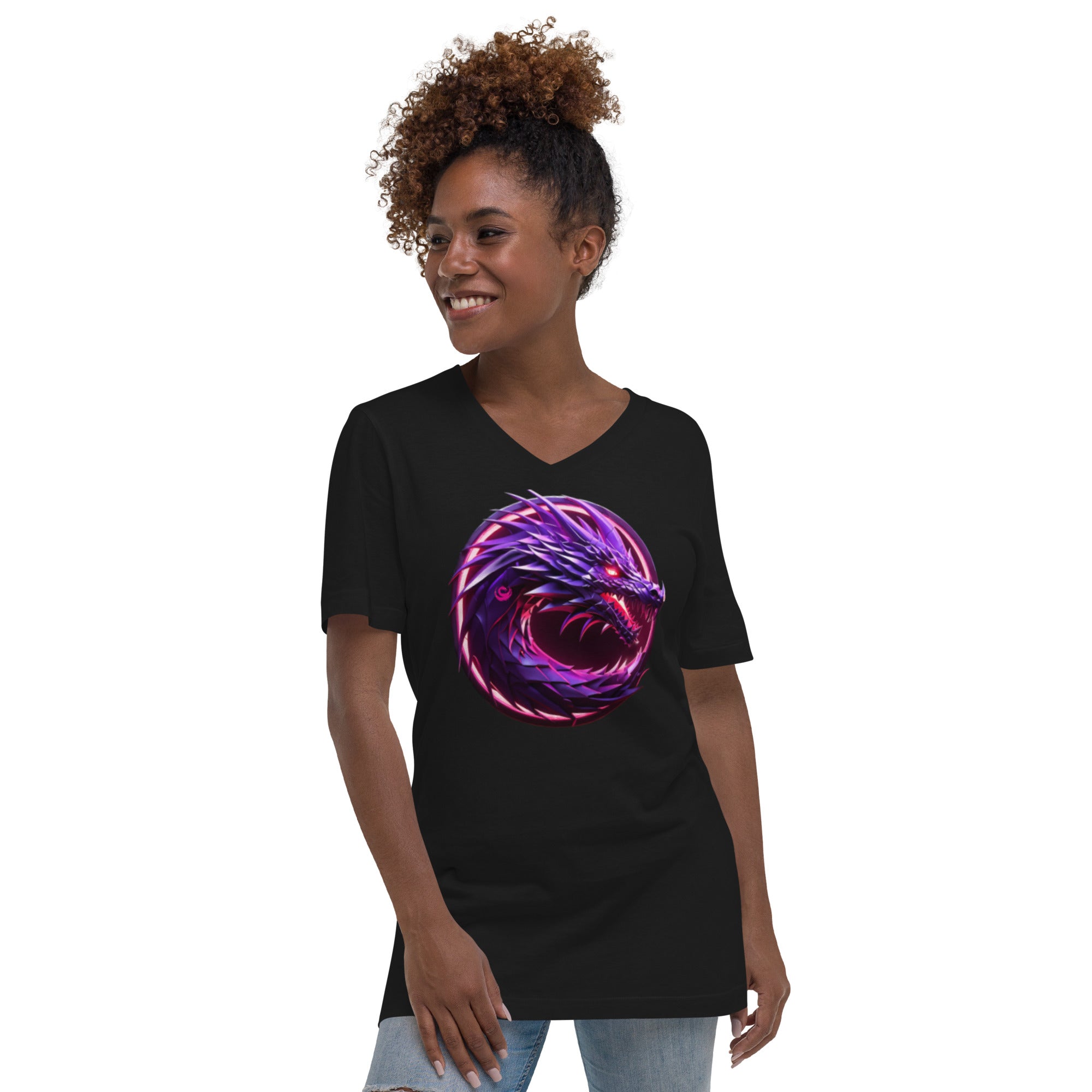 100% Cotton Electric Purple Dragon Women's Short Sleeve V-Neck T-Shirt