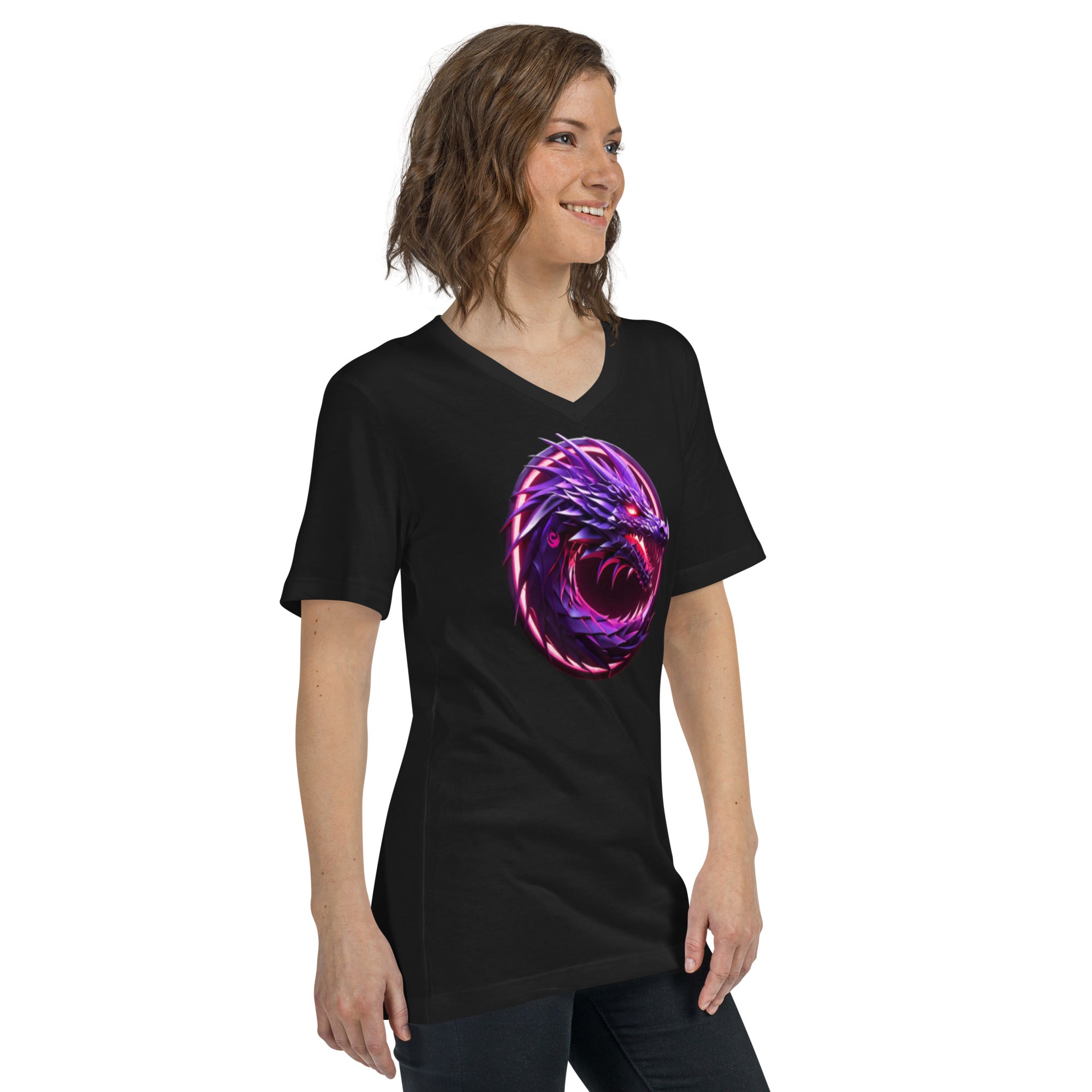 100% Cotton Electric Purple Dragon Women's Short Sleeve V-Neck T-Shirt